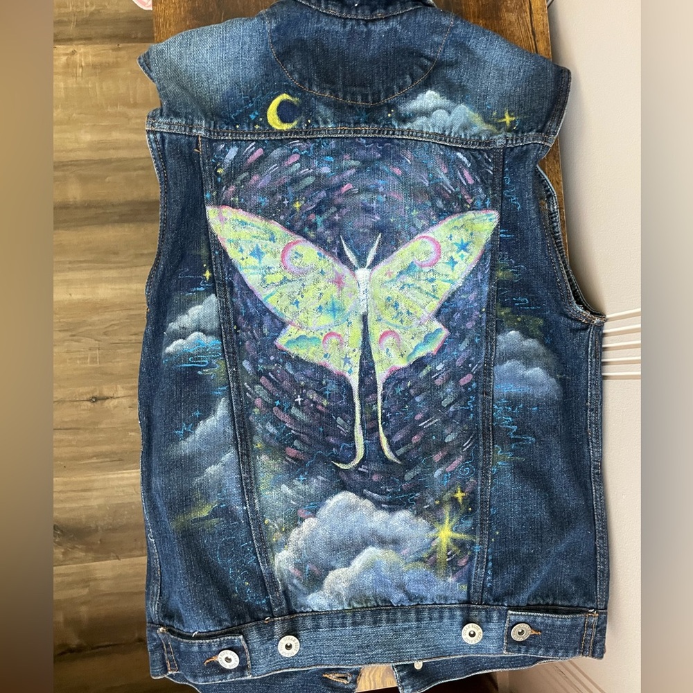 Hand painted denim vest Luna Moth Cloudy Stars